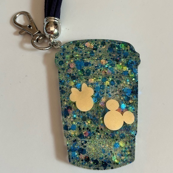 Handmade Green & Blue Glitter Coffee Cup Resin Key Chain Bag Charm Mickey Minnie - Picture 1 of 3